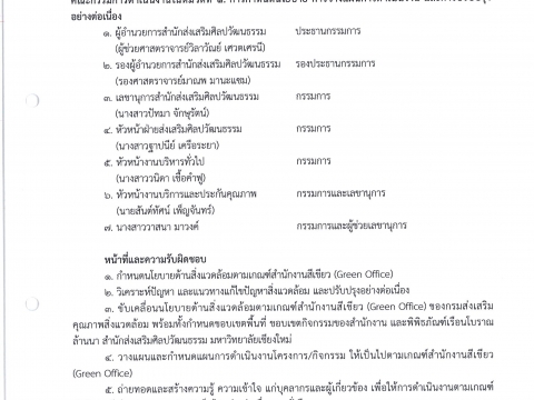 คำสั่งแต่งตั้งคณะกรรมการดำเนินงานด้านสิ่งแวดล้อมตามเกณฑ์สำนักงานสีเขียว (Green Office) สำนักส่งเสริมศิลปวัฒนธรรมและล้านนาสร้างสรรค์ มช.