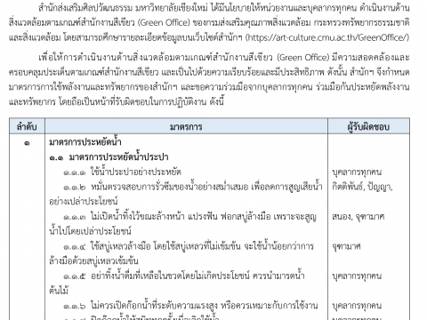 มาตรการการใช้พลังงานและทรัพยากรตามเกณฑ์สำนักงานสีเขียว (Green Office) สำนักส่งเสริมศิลปวัฒนธรรมและล้านนาสร้างสรรค์ มช.