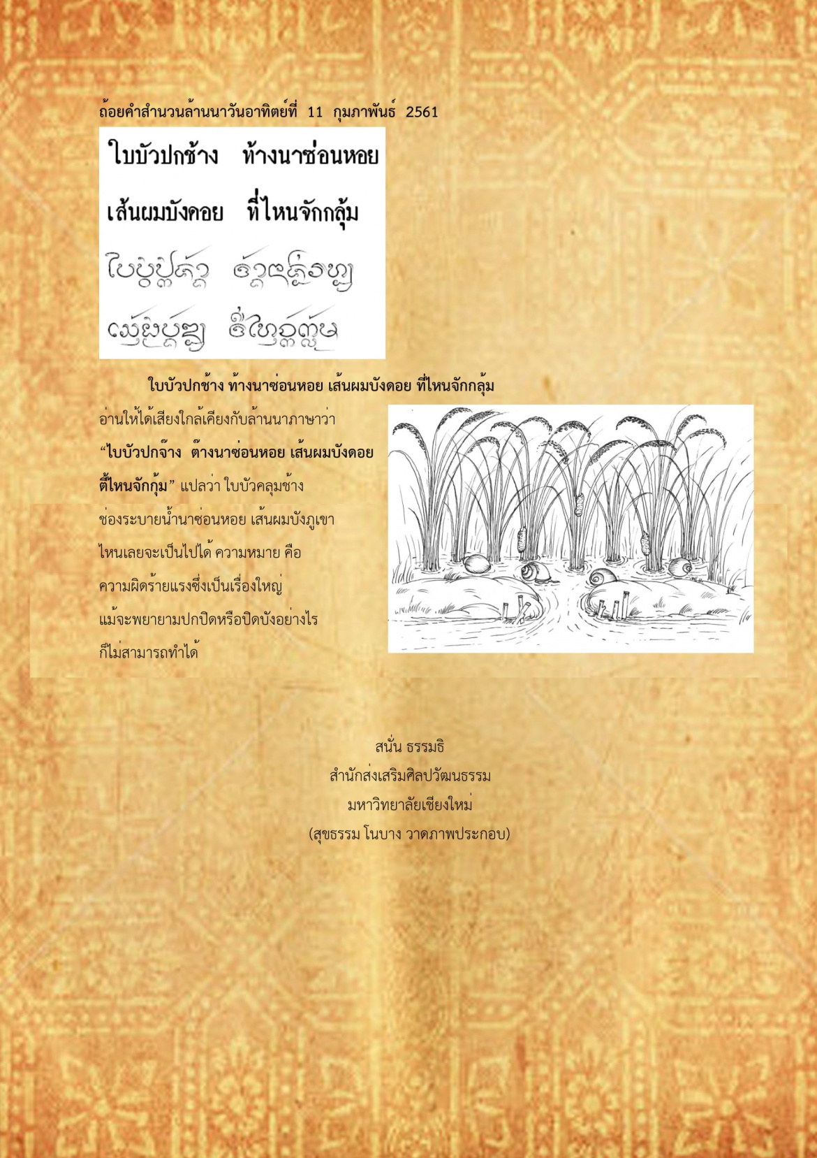 ใบบัวปกช้าง ท้องนาซ่อนหอย เส้นผมบังคอย ที่ไหนจักกลุ้ม - 11 กุมภาพันธ์ 2561