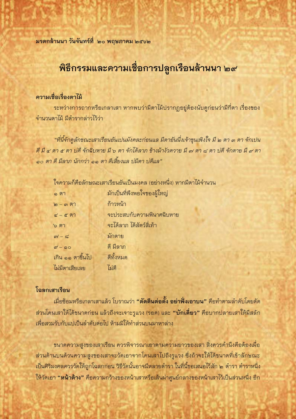 พิธีกรรมเเละความเชื่อการปลูกเรือนล้านนา(29) - 20 พฤษภาคม 2562